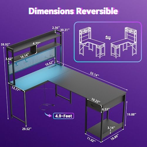 Apicizon L Shaped Gaming Desk 53" with Hutch, LED Light and Drawer - Image 3