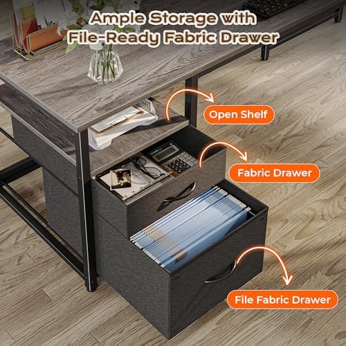 PRAISUN 63 Inch L Shaped Desk with Power Outlets and USB-C Port, Computer Corner Home Office Desk with File Fabric Drawers and Movable Monitor Stand, Larger Storage, Gaming, Writing, Work, Grey - Image 5