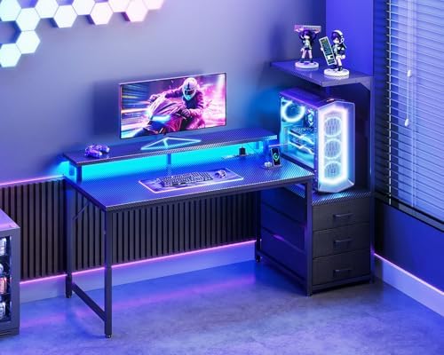 Casaottima 52 Inch Gaming Desk with USB Charging Ports & LED Light - Reversible Computer Desk with 3 Fabric Drawers, Monitor Stand, CPU Stand, Modern Office Desk, Black - Image 2