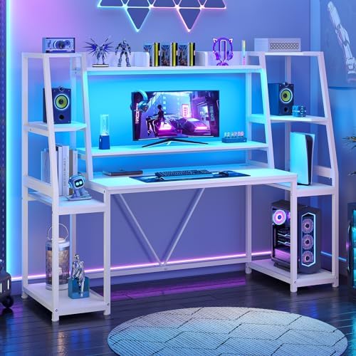 SEDETA 65.7'' Gaming Desk with LED Lights, Hutch and Storage Shelves, White by SEDETA