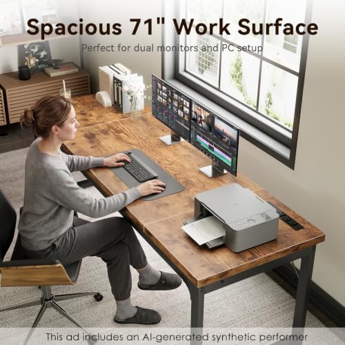 Coleshome 71 Inch Long Computer Desk with Power Outlet, Thicker Desktop & Legs, Large Heavy Duty Office Desk for Home Office & Gaming, Rustic Brown - Image 6