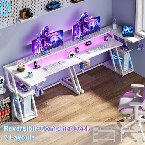 Korfile 47 Inch White Gaming Desk with Power Outlet & LED Lights, Corner Computer Desk with 3 Tiers Storage Shelves, L Shaped Gaming Desk with Monitor Stand for Bedroom - Image 3