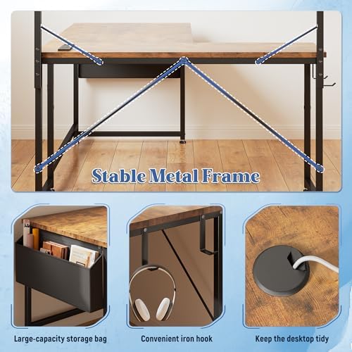 DurayLoly 53"L Shaped Desk with Storage Shelf,Side Bag,Hook for Small Space - Image 6
