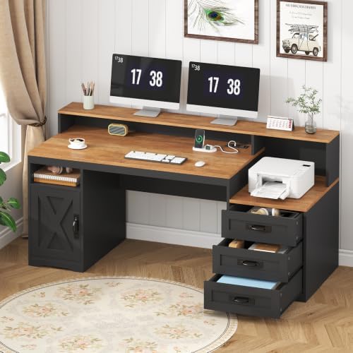 65" Farmhouse Computer Desk with Drawers and Printer Stand for Home Office by TVU