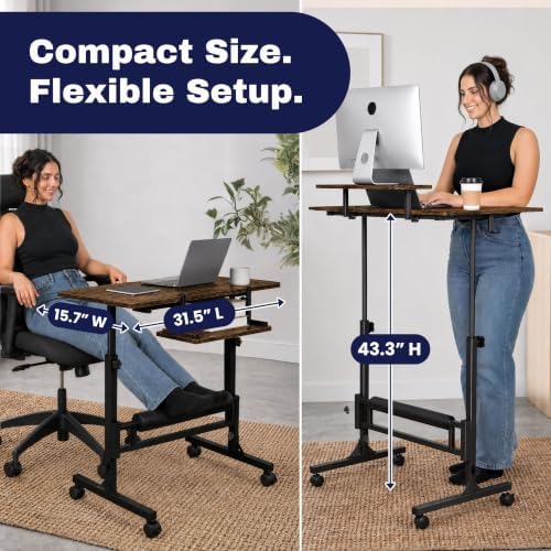 Small Rolling Desk with Wheels, Adjustable Height 27"-43.3" Portable Standing Desk, 31.5"x15.7" Tabletop, Mobile Laptop Computer Table for Home Office Workstation, Rustic Brown - Image 3