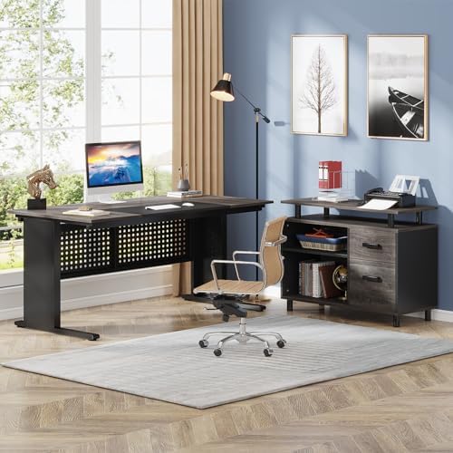Tribesigns 63 Inch Executive Desk with File Cabinet, L Shaped Office Desk with Drawers and Storage Shelves, Business Furniture Set Workstation for Home Office, Gray and Black - Image 4