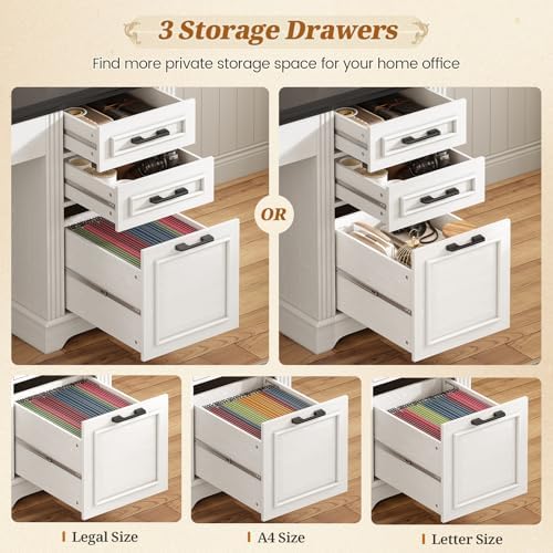 SEDETA Farmhouse Computer Desk with Hutch and 3 Drawers, 47.2" Executive Office Desk with Storage Drawers, Wood Desk with Power Outlet for Home Office, White - Image 4