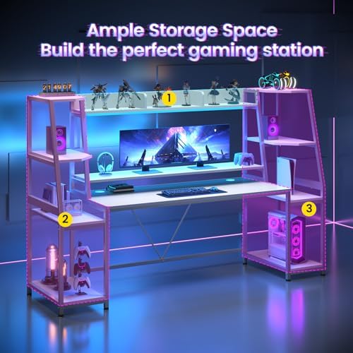 SEDETA 79'' Gaming Desk with LED Lights, Hutch and Storage Shelves, White - Image 5