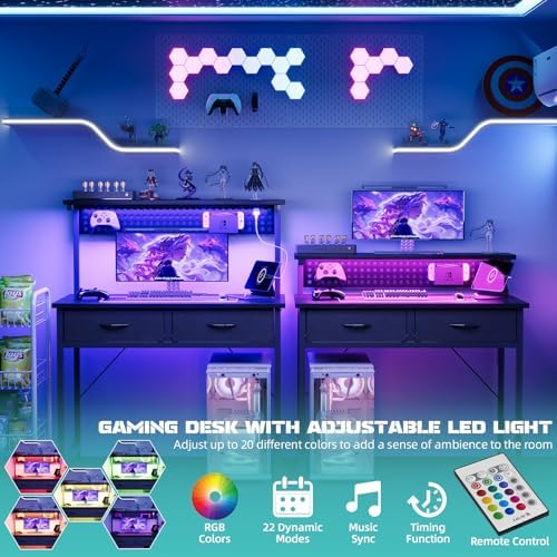 MUTUN Small Desk with Drawers, 31 Inch Computer Desk with Power Outlet & LED Light, Gaming Desk with Adjustable Monitor Stand & Pegboard, Modern PC Study Writing Table for Bedroom, Black - Image 5