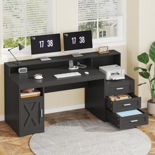 65" Farmhouse Computer Desk with Drawers and Printer Stand for Home Office - Image 3