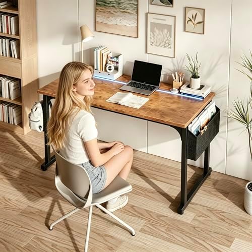 DurayLoly 48" Computer Desk with Waterproof LED Lights for Bedroom,Brown - Image 3