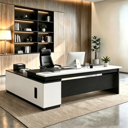 L Shaped Executive Desk with Drawers, Large Wood Workstation, Modern Executive Office Furniture for Home Office and Business Workspace, Multiple Sizes & Colors by Unknown