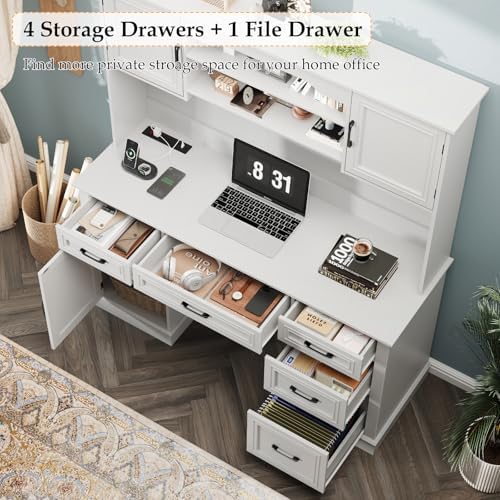 Vabches Executive Desk with 5 Drawers, Cream White - Image 3