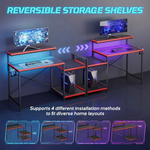 48'' Gaming Desk with Raised Monitor Shelf, LED Lights, Black&Red - Image 6