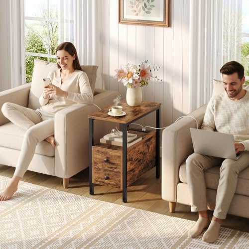 HOOBRO End Table with Charging Station, Narrow Side Table with 2 Drawer & USB Ports & Power Outlets, Nightstand for Small Spaces, for Living Room, Bedroom, Rustic Brown and Black BF541BZ01 - Image 4
