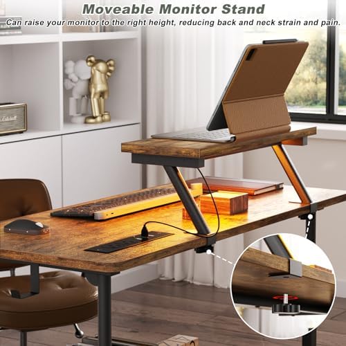 Height Adjustable Standing Desk with Power Outlets and LED Lights - 32" Manual Stand Up Desk with Monitor Stand and Storage Shelves Small Mobile Rolling Computer Desk Portable Laptop Table, Rustic - Image 7
