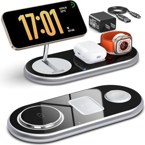 3 in 1 Charging Station for Apple Devices, Faster Mag-Safe Charger Stand, Magnetic Wireless Charger Station for iPhone 17 16 15 14 13 12 Pro Max Plus, Apple Watch iwacth & AirPods, Adjustable Angle by okFlyman