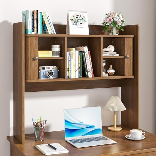 Mid Century Modern Desk Hutch Storage, 36 x 32 Inch Fluted Desktop Bookshelf, Wooden Desk Shelf Organizer with 2 Doors, for Laptop, Desktop Shelf for Dorm, Study, Office, Walnut, Brown - Image 3