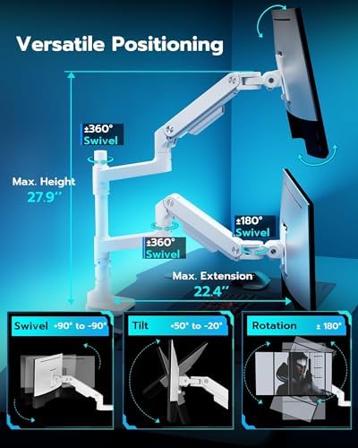 ARES WING White Ultrawide Dual Monitor Mount with USB A/C for 17 to 49 Inch - Image 6