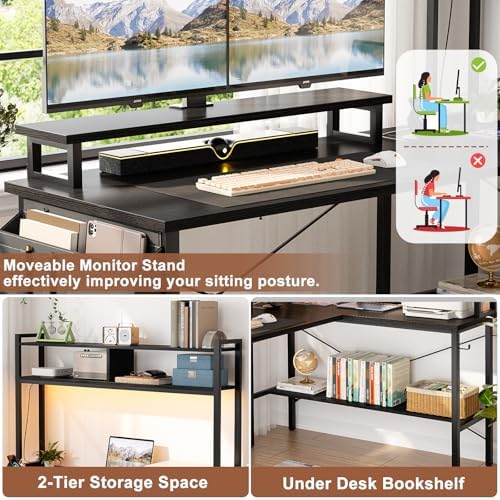 Aheaplus L Shaped Gaming Desk with Power Outlets & LED Lights, Black - Image 6