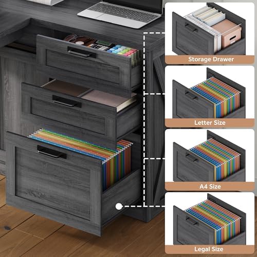78.7" L-Shaped Office Desk with Drawers and File Cabinet Dark Grey - Image 6