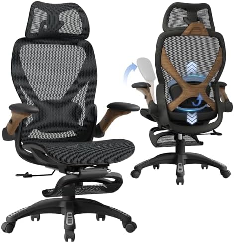 ELABEST X100 Ergonomic Mesh Office Chair with Footrest, Big and Tall Home Desk Chair with 5D Flip-Up Arms, Adjustable 3D Lumbar Support, Gaming & Executive Computer Chair (Library Oak) by ELABEST