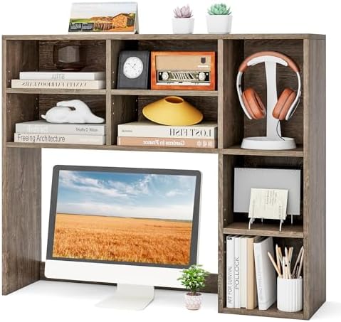 MAT EXPERT Wooden Desktop Bookshelf, Countertop Desk Hutch w/ 7 Cubes & Adjustable Shelves, Anti-toppling Kits, Table Top Organizer Shelf Fits Monitors up to 27” for Dorm, Office, Study (Grey Oak) by MATEXPERT