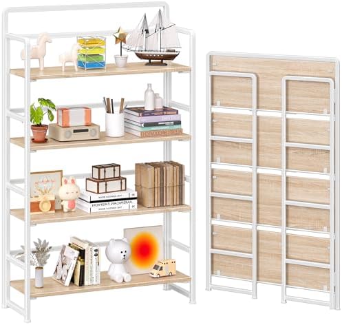 4NM No Assembly Extra Wide 4 Tier Folding Bookshelf Storage Shelves Vintage Bookcase Standing Racks Study Organizer Home Office by 4NM
