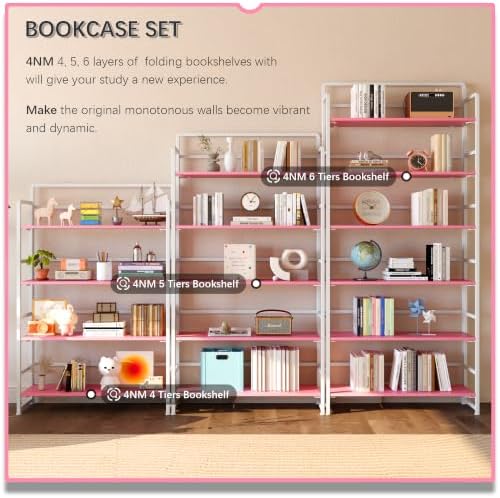 4NM No Assembly Extra Wide 4 Tier Folding Bookshelf Storage Shelves Vintage Bookcase Standing Racks Study Organizer Home Office - Image 5