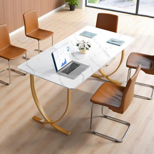 VEVOR Executive Desk, 63" W x 31.5" D Large Office Desk, Modern Computer Table Conference Meeting Room Table, Business Furniture Enlarged Desktop for Home Office, White and Gold - Image 2