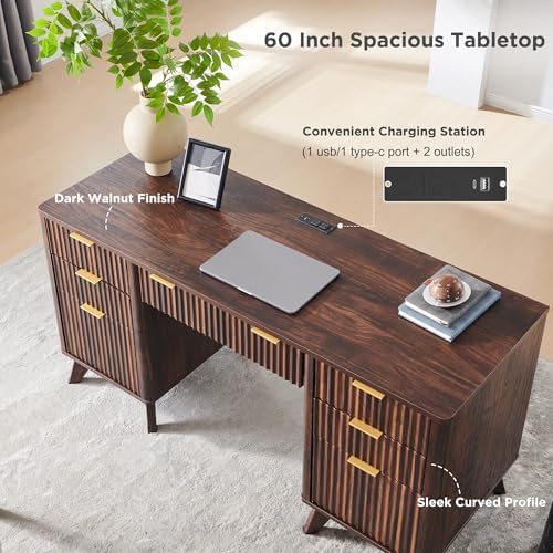 T4TREAM 60" Modern Fluted Executive Desk with Drawers, Dark Walnut - Image 5