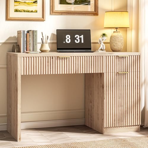 Vabches Farmhouse 47" Fluted Executive Desk with Drawers, Oak by Vabches