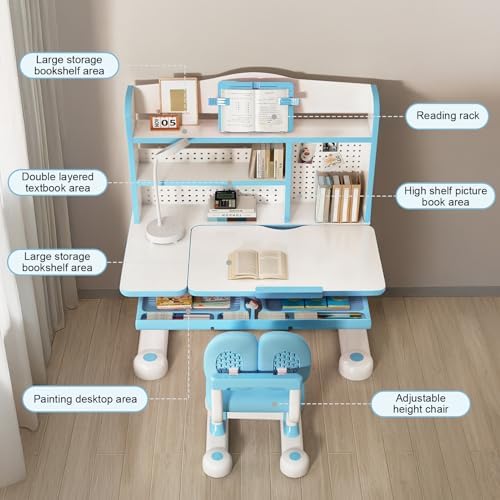 Kids Desk and Chair Set - Height Adjustable Crank Study Desk (Blue) - Image 5