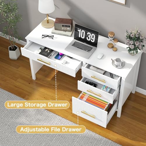Executive Desk with Drawers: 54" White Home Office Desks with File Drawer - Image 5