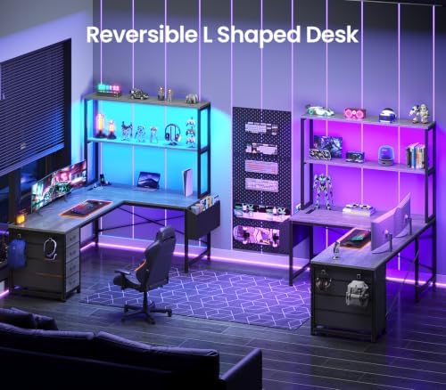 SEDETA L Shaped Gaming Desk, 51.2" Reversible Small Corner Desk with 4 Drawer, Power Outlet & LED Lights, Home Office Desk with Storage Shelves for Small Space, Gray - Image 3