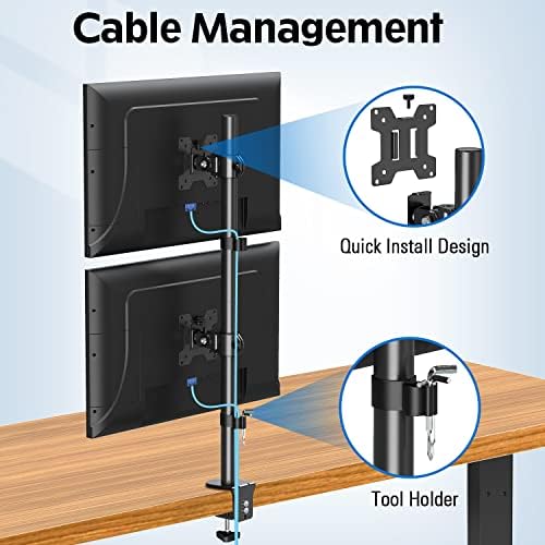 MOUNTUP Dual Monitor Stand, Vertical Monitor Mount for 2 Max 32 inch Stack Screen Monitors, Height Adjustable, Swivel, Tilt Monitor Desk Mount with C Clamp Grommet Base, Home Office - Image 5