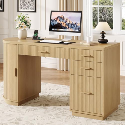 ONBRILL 58 Inch Fluted Executive Desk, Computer Desk with Storage Drawers & File Drawer, Modern Home Office Desk with Charging Station for Working, Studying, Writing, Oak by ONBRILL