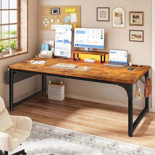 DurayLoly 55 x 24 inch Desk, 24mm Thick Heavy Duty Computer Desk with RGB LED & Power Outlets, Gaming Desk with Detachable Stand, 150LBS Load Capacity, Work Gaming Desk for Home Office, Brown by Durayloly