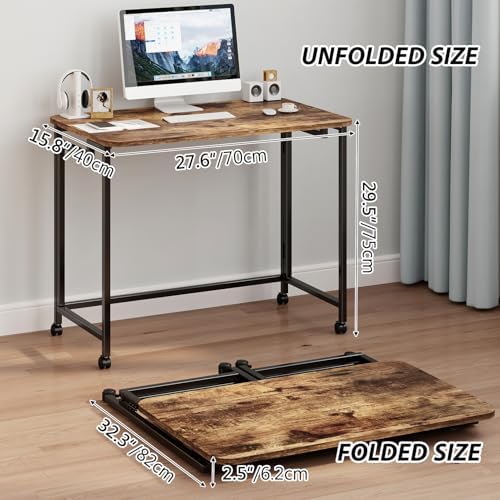 JSB Folding Desk for Small Spaces,Mobile Portable Rolling Laptop PC Table on Wheels,Foldable Computer Desk for Home Office,Bedroom,Dorm,Space Saving (Rustic & Brown, 27.6") - Image 2