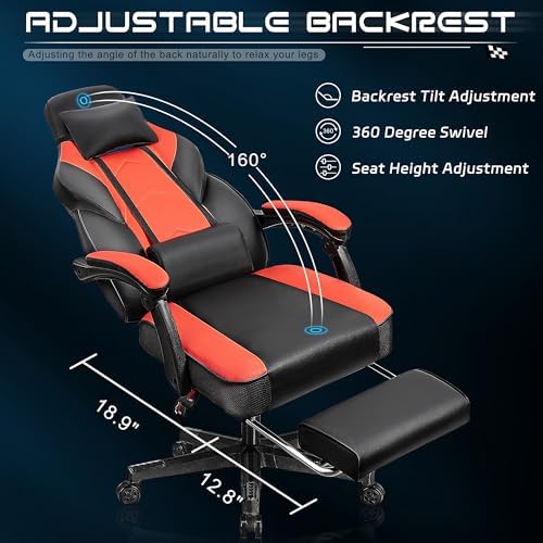 Gaming Chair with Footrest, Video Game Chair for Adults, Big and Tall Computer Chair with Massage Lumbar Support 330lb Weight Capacity, Ergonomic Adjustable Height and 360° Swivel Seat (Red) - Image 3