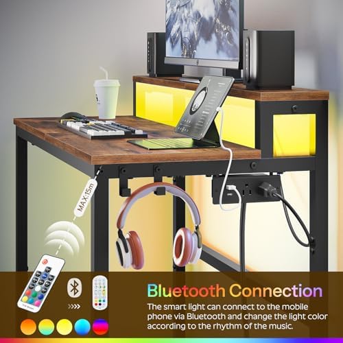 YATINEY Small Computer Desk with Charging Station and LED Lights, Gaming Desk with Monitor Stand, 2-Tier Home Office Desk with 4 Side Hooks, for Living Room, Home Office, Rustic Brown DN01UDBRY2 - Image 6
