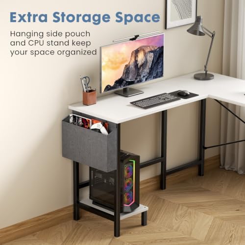DUMOS L Shaped Computer Corner Desk with PC Stand, White - Image 4