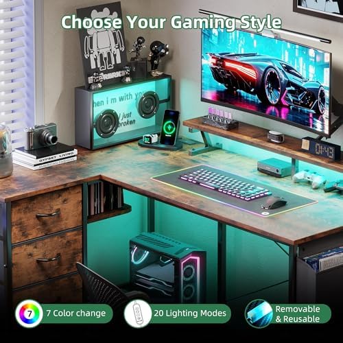 VERMESS 47" Reversible L Shaped Gaming Computer Desk, Corner Desk with Power Outlets & Monitor Stand, Writing Study Table with 4 Storage Drawers, Desk with LED Lights, Rustic Brown - Image 7