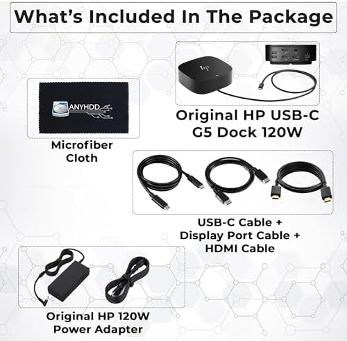 HP Docking Station for Laptop Dual Monitor and Charging Bundle - Dock 5TW10AA / 5TW10UT / #ABB with 120W Adapter + HDMI Cable + DisplayPort + USB-C + Microfiber Cloth (Renewed) - Image 2