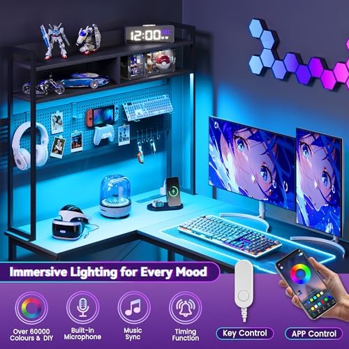 Apicizon L Shaped Gaming Desk 53" with Hutch, LED Light and Drawer - Image 7