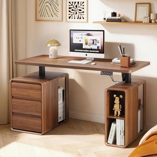 55" Wood Electric Standing Desk with Drawers and Storage Shelves by HenstatechWarmFurniture