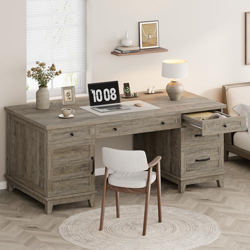 Garvee 60" Wooden Home Office Desk with File Drawers, Executive Desk with Adjustable Cabinet, Farmhouse Wood Desk with Power Outlet, Distressed Study and Work Table, Rustic Grey by Garvee