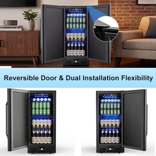 15 Inch Beverage Cooler, 127-Can Stainless Steel Drink Refrigerator with Reversible Door, Built-in or Freestanding Mini Fridge with Blue LED Light, Lock and Key for Indoor Outdoor Use, Black - Image 4