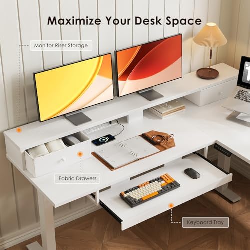 OffiGo 59 Inch L Shaped Electric Standing Desk with Drawers, White - Image 6