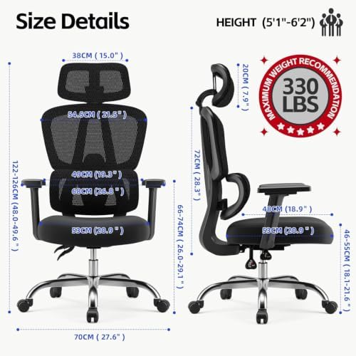 Office Chair Ergonomic Desk Chair Breathable Mesh Chair with Lumbar Support & Headrest, Black Office Chair 330 Lbs Home Computer Chair Thickened Cushion for Adults & Women (Small Chair) - Image 2